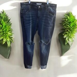 KanCan Ripped Knee Jeans Distressed Denim Cuffed Hem Dark‎ Wash Size 18